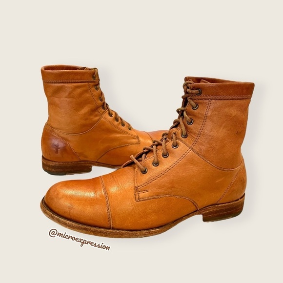 Frye Erin Lug Work Lace Up Combat Cognac Brown Leather Winter Fall Ankle Boot - Picture 9 of 16